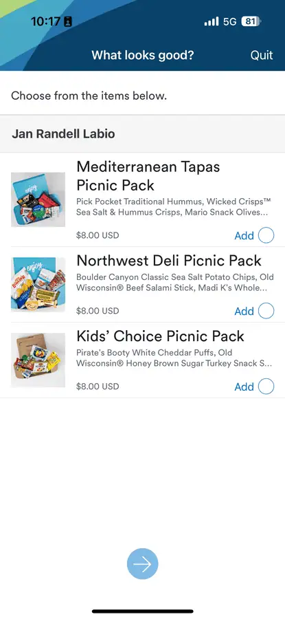 Menu for pre-ordering food on Alaska Airlines B737-800 Economy Class