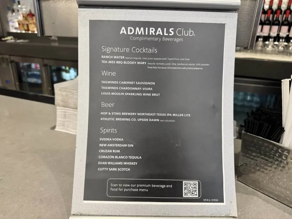 Drink menu at Admiral's Club DFW Terminal A