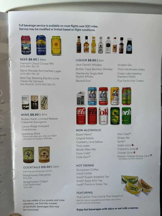 Drink menu on Alaska Airlines Economy Class