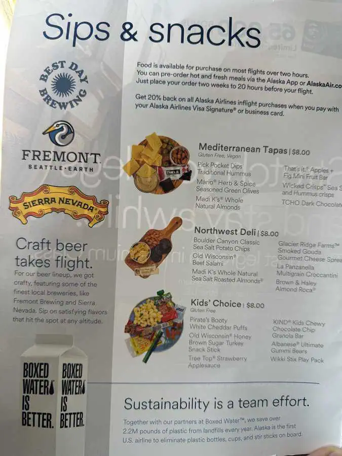 Menu for Alaska Airlines Economy Class