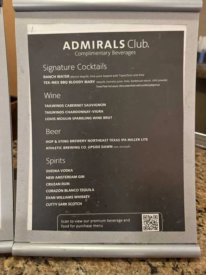 Admirals Club DFW Terminal B Complimentary Beverages