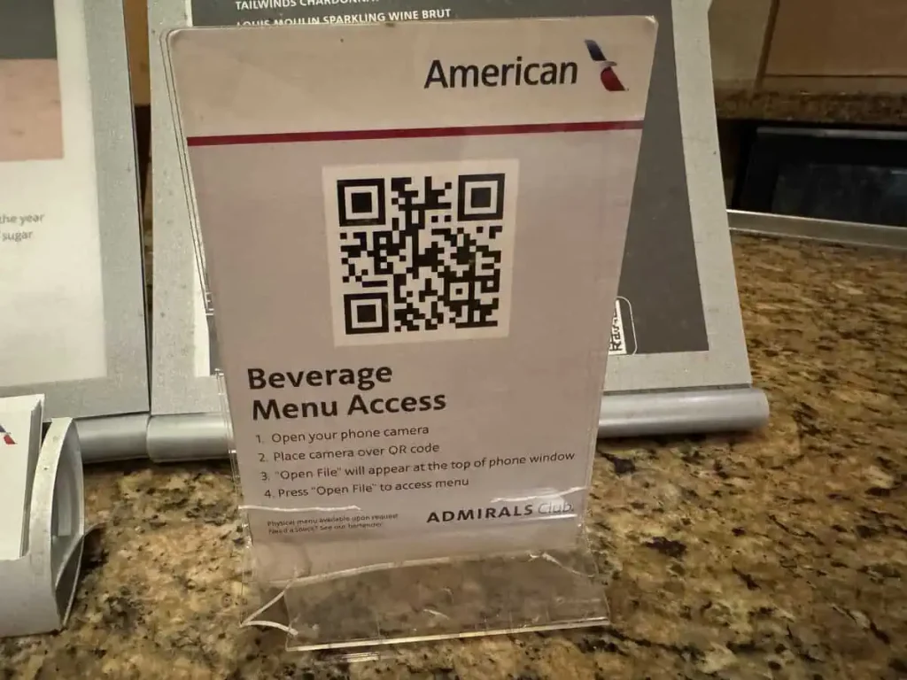 Admirals Club DFW Terminal B Menu QR Code